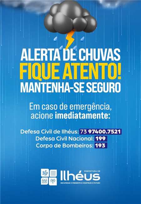 Prefeitura de Ilhéus reforça alerta à população por conta das chuvas