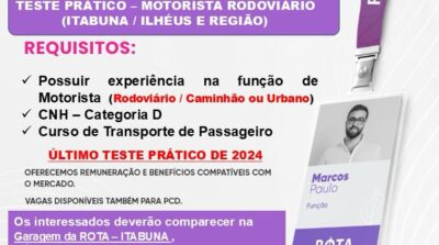 Rota abre novas vagas para motoristas em Itabuna e Ilhéus