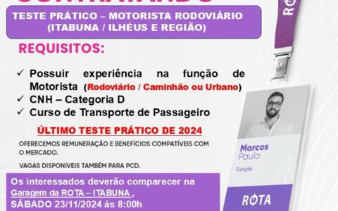 Rota abre novas vagas para motoristas em Itabuna e Ilhéus