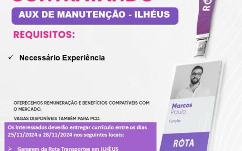 Rota abre vagas para cobrador e auxiliar de manutenção, em Ilhéus