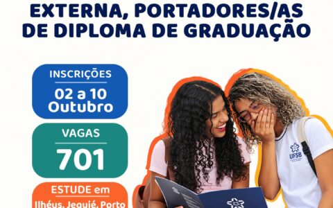 UFSB abre 701 vagas para Reingresso, Transferência Externa e Ingresso para Portadoras/es de Diploma de Graduação